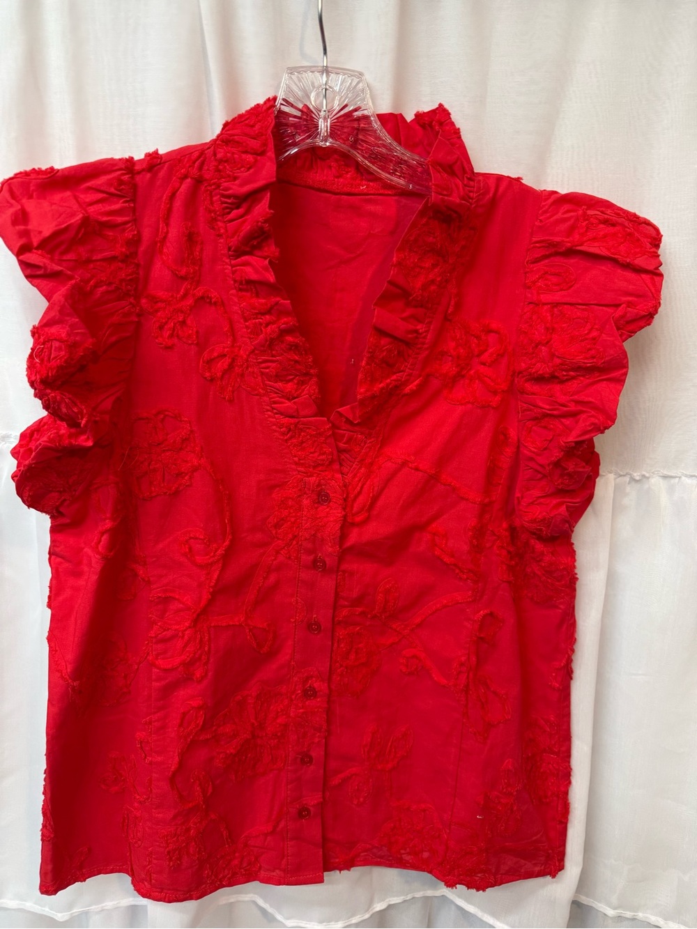 Red Ruffle Sleeve Button-Front Women's Top🌻